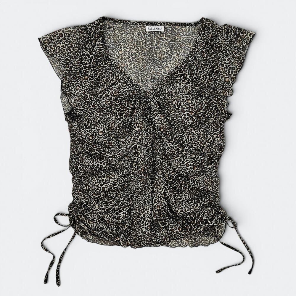 Y2k Leopard Print Top Sheer Ruched Sides Bow Detail - Size Large
